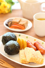 Japanese cuisine, Onigiri rice balls, egg roll and others