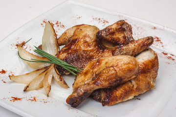 chicken legs with asparagus and ketchup