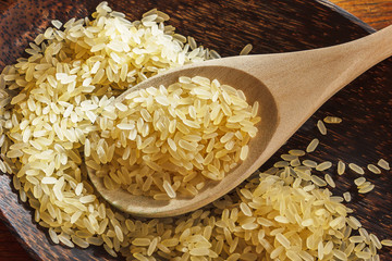 Rice on the plate with  wooden spoon