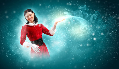 Plakat Portret dziewczyny noszenie Santa Claus ubrania