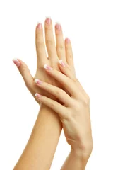 Poster Beautiful woman hands with french manicure, isolated on white © Africa Studio