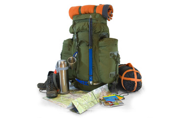 Fototapeta Backpack with tourist equipment - isolated on white obraz