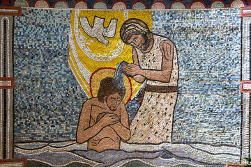 Tile mosaic of Jesus baptising in river