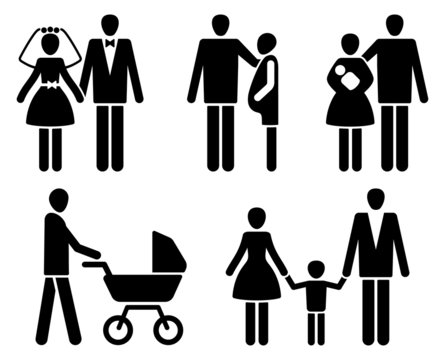 Married couple pictogrammes: wedding, pregnancy, children