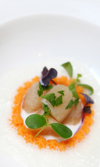 Sea scallops with crayfish bisk and salad