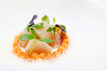 Sea scallops with crayfish bisk and salad