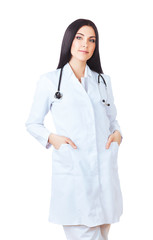 smiling doctor in white with stethoscope