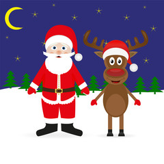 Christmas Reindeer and Santa Claus in the woods at night