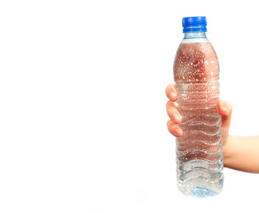 woman's hand and bottle of water isolated on white