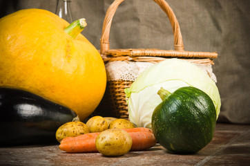still life with vegetables and a basket