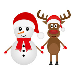 Christmas reindeer and a snowman on a white background