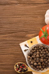 food ingredient and spices on wood