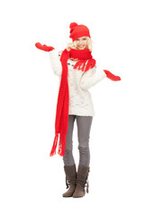 beautiful woman in hat, muffler and mittens