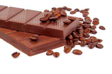 Chocolate with Coffee beans, on white background