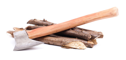 Cut logs  and  axe. Renewable  energy.