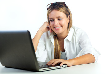 beautiful woman browsing internet at home 