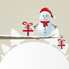 snowman figure on branch snowy winter landscape