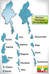 Übersichtskarte von Myanmar (Birma) mit Grenzen und Flagge