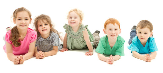 Happy smiling group of kids on floor