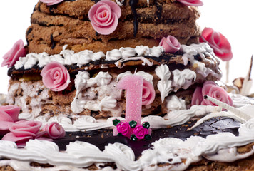 big cake with roses on a white background