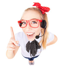 Funny call center concept - woman with headset