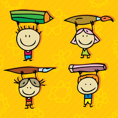 Happy doodle kids with pen, pencil and paintbrush