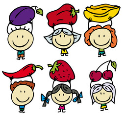 Happy kids with fresh fruits and vegetables