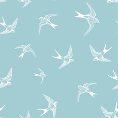blue seamless pattern with white little swallows - 46331581