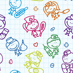 Seamless background of doodle happy children with medical tools