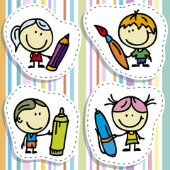 Set of doodle happy children with pen, pencil and paintbrush