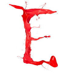 Red paint splash letter "E" isolated on white background
