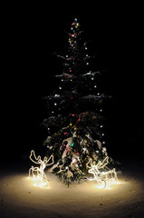 Decorated christmas tree with lights and deers at night