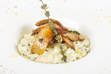 photo of delicious risotto dish with herbs and mushrooms on whit