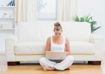 Obraz na płótnie Canvas Blonde sitting on the floor with laptop