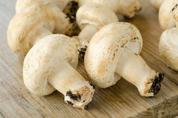 Funghi champignon su tavolo in legno invecchiato