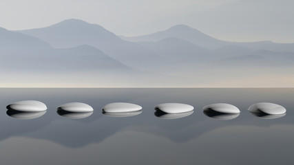 Obrazy na Szkle  Jezioro z górskimi refleksami i kamieniami Zen w wodzie