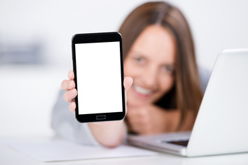 frau am laptop zeigt ihr handy-display