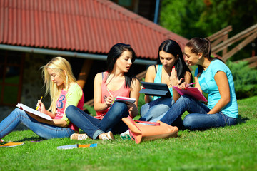 four beautiful students girls prepare for the exam on green lawn