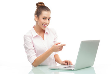Woman pointing at laptop