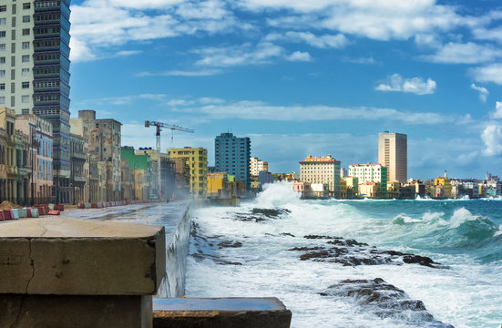 Storm in Havana with waves crashing against the city