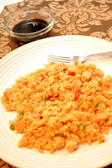 Chicken Fried Rice on a White Plate