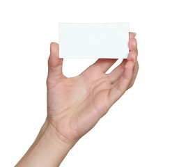 Hand holding empty card isolated on white background