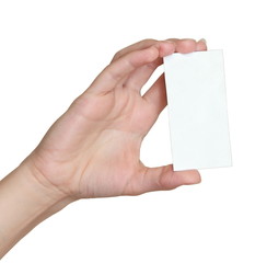 Female hand holding blank card isolated on white background