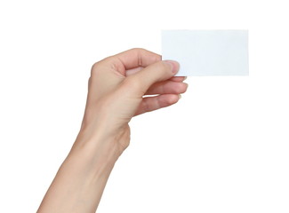 Woman hand holding blank business card isolated on white backgro