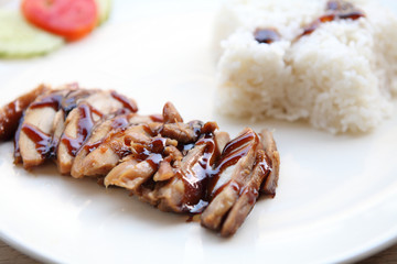Grilled Chicken teriyaki rice on wood background