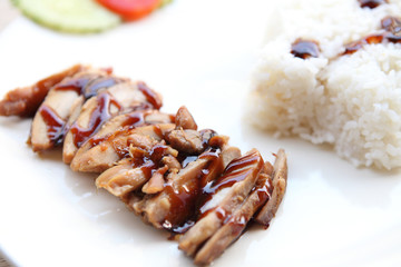 Grilled Chicken teriyaki rice on wood background