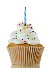 tasty birthday cupcake with candle, on grey background