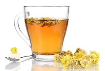 A cup of tea with immortelle isolated on white