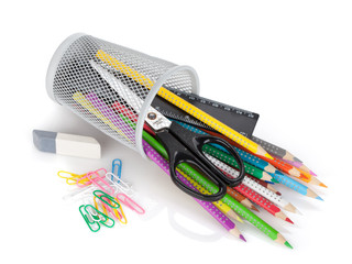 Various colour pencils and office tools