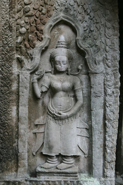 Beautiful bas relief at a temple in Angkor in Cambodia